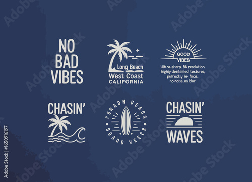 Contemporary design emphasizing vibrant beach graphics, perfect for apparel or decor that evokes summer feelings, surf culture, and a laid-back lifestyle.