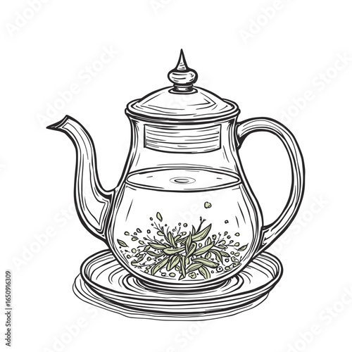 Glass teapot with visible herbs brewing on a saucer  