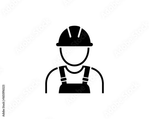 Black silhouette of a construction worker wearing a hard hat and overalls isolated on white background silhouette