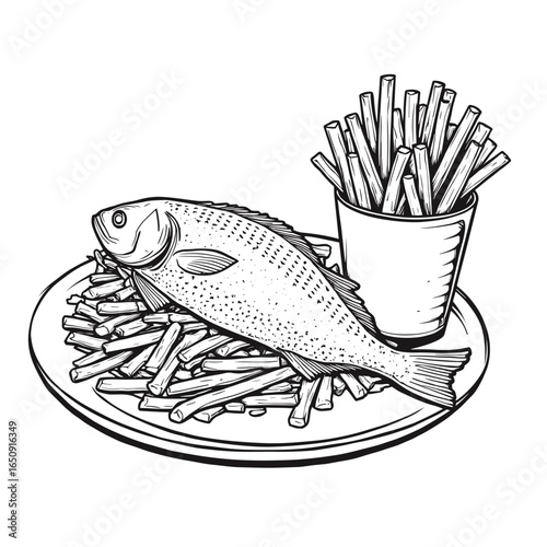 Fish filet with fries on plate in monochrome style  