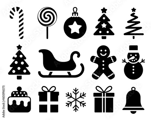Collection of christmas icons including candy cane sleigh gingerbread man and snowman silhouette isolated on white background