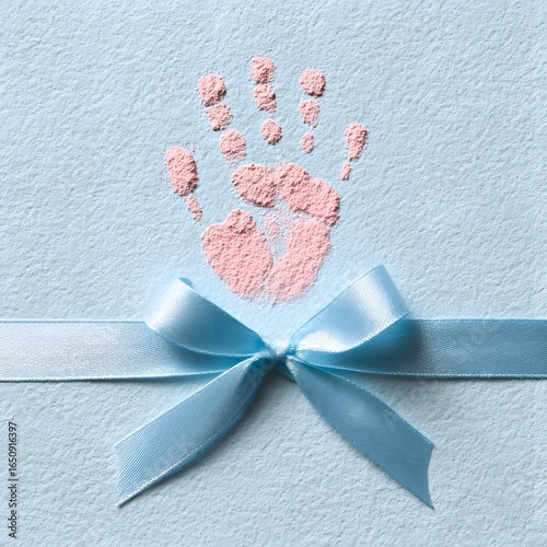 Baby hand print with blue ribbon on textured paper – birth announcement concept.