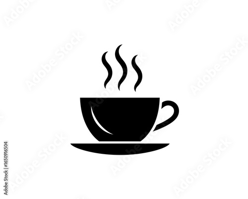 Black silhouette of a steaming hot coffee cup and saucer isolated on white background silhouette