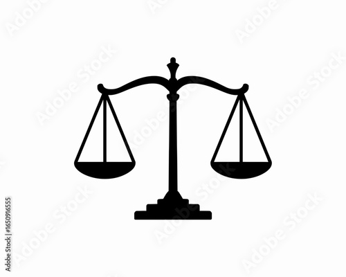 Black silhouette of justice scales balanced perfectly isolated on white background