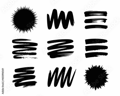 Collection of black ink brush strokes and spiky starburst shapes silhouette isolated on white background
