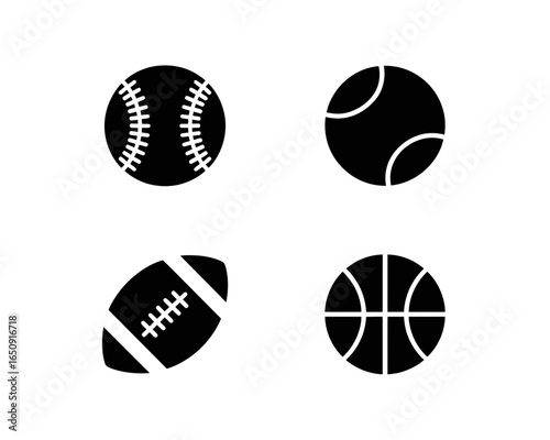 Collection of four sports balls including baseball tennis football and basketball silhouette isolated on white background