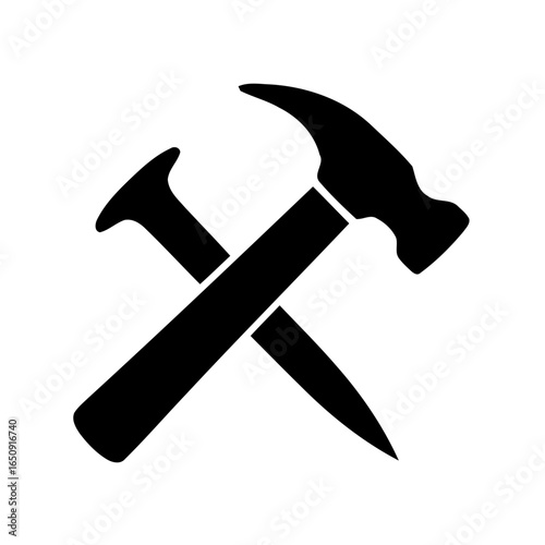 Hammer and nail silhouette crossed tools for construction and repair isolated on white background