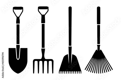 Collection of four garden tools silhouette isolated on white background