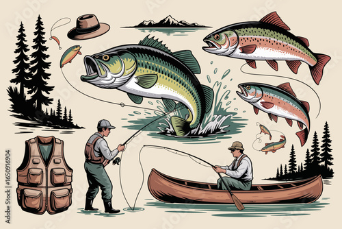 A vibrant illustration showcasing fishing scenes with anglers catching various fish, including large trout and bass, set against a backdrop of trees and mountains.