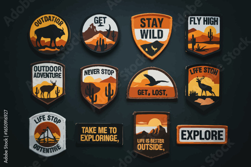 A stylish arrangement of adventure badges featuring design elements like mountains and wildlife, inspiring adventure and outdoor exploration in vibrant colors.