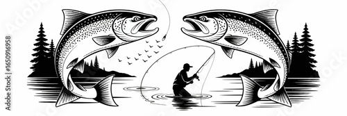 A captivating illustration featuring two fish leaping out of the water while a fisherman casts his net, perfectly capturing the thrill of fishing in a natural landscape.