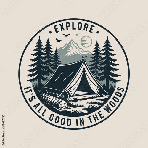 An inviting camping scene featuring a spacious tent, gorgeous pine trees, majestic mountains, and a bright sun, encouraging outdoor adventures and relaxation in nature.