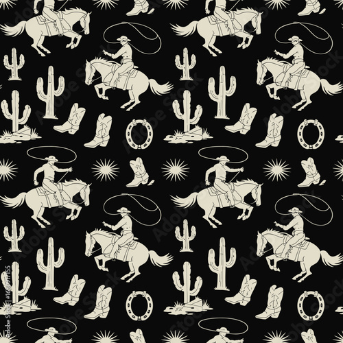 This chic design features cowboys roping while riding horses, set against a backdrop of cacti and stars, embodying the adventurous essence of Western lifestyle, suitable for textiles.