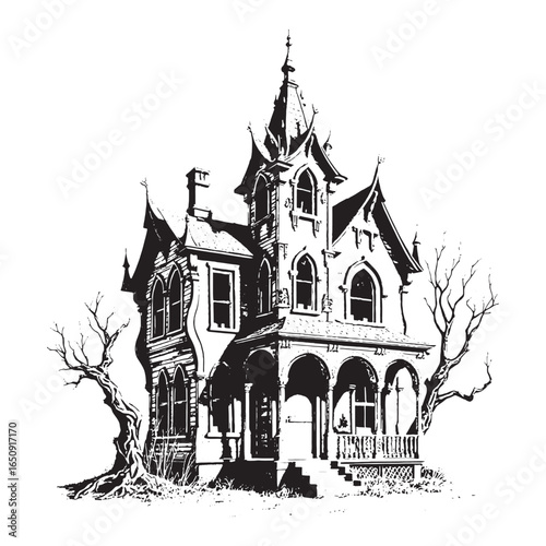 Vintage engraving illustration of spooky haunted mansion with eerie details, perfect for gothic, Halloween, and dark horror-themed design.
