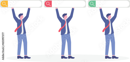 Flat illustration of businessman hunting new job on virtual search box career exploration discover information website optimization
