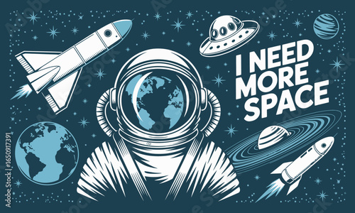 This image features an astronaut helmet with Earth inside, surrounded by rockets and planets, illustrating the concept of space exploration and the universe.