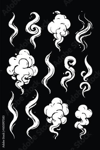 Collection of smoke swirls and vapor curls in detailed hand-drawn style, perfect for mystical, fantasy, or abstract atmospheric design.