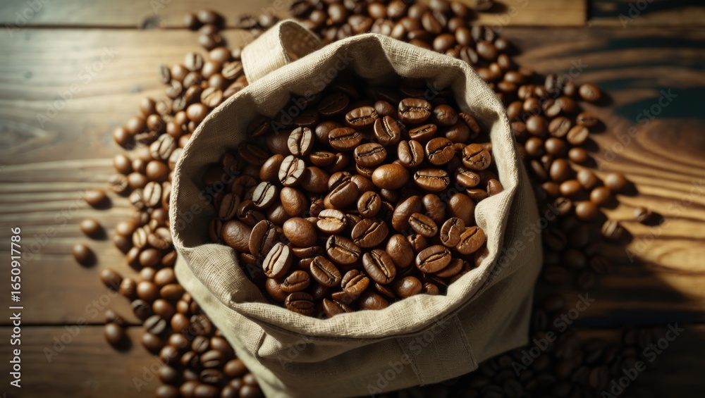 Fototapeta premium Bag of coffee beans with scattered beans on wooden surface.