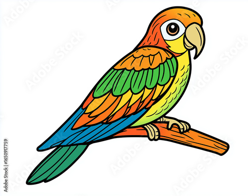 Colorful parrot sitting on branch vector illustration isolated on white background