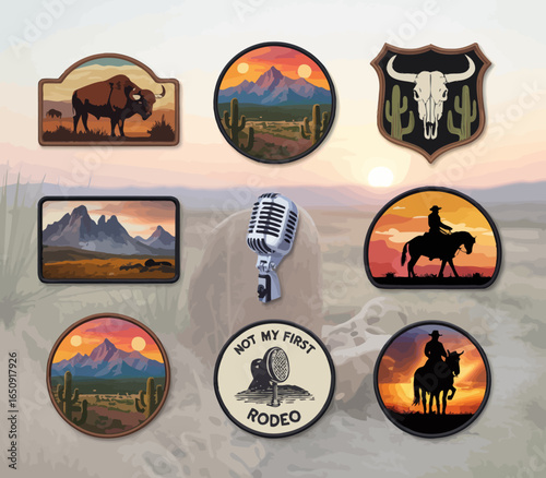 An artistic representation of rodeo culture featuring patches that illustrate serene Western landscapes and iconic symbols like bison, cactus, and horseback riding.