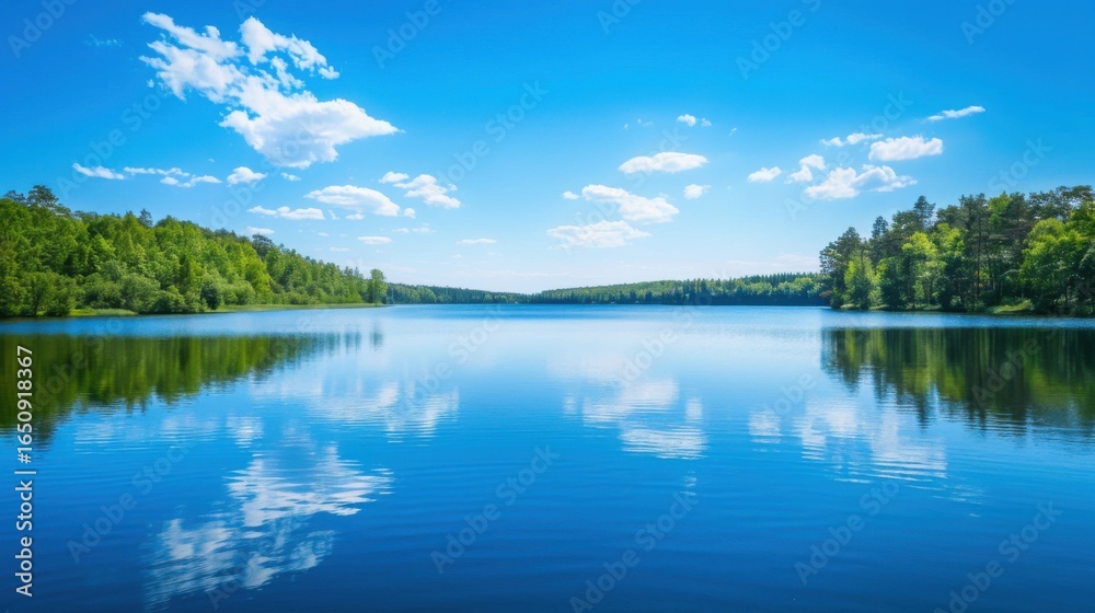 Obraz premium Serene Summer Lakeside: Where Mountains Mirror in Calm Blue Waters