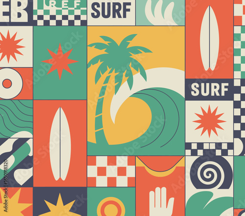 This pattern features bold surf icons and retro designs, infused with sunny colors that evoke nostalgic beach days, celebrating the iconic surfing culture and nature’s beauty.