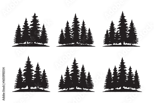 Collection of pine tree silhouettes in hand-drawn engraving style, ideal for forest, wilderness, camping, or landscape outdoor design.