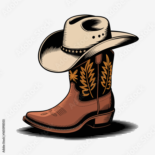 This striking image features a beautifully crafted cowboy boot paired with a classic cowboy hat, symbolizing Western culture and fashion in a captivating design.