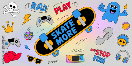 A lively illustration celebrating skateboard culture, featuring engaging elements, ideal for showcasing youthful energy and the fun aspects of skateboarding lifestyle.