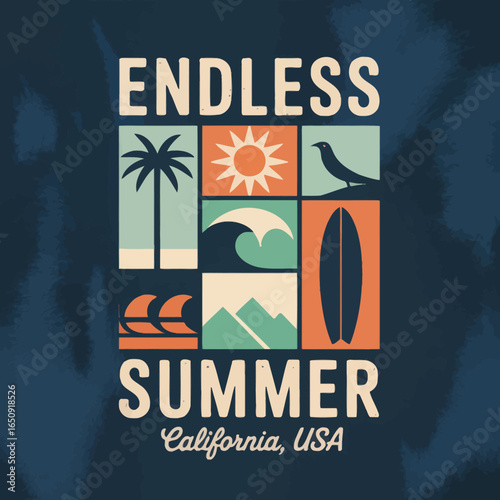 This image showcases a vibrant representation of summer in California, featuring iconic symbols such as palm trees, waves, and surfboards in a fun, colorful design.
