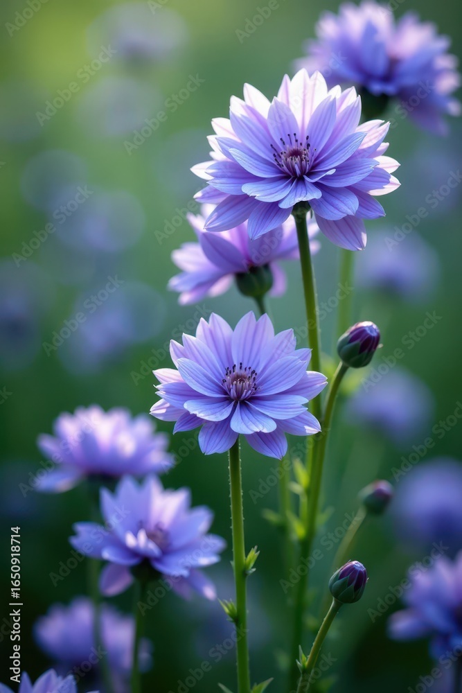Fototapeta premium Chicory flowers in full bloom with delicate texture, delicate, nature, cichorium intybus