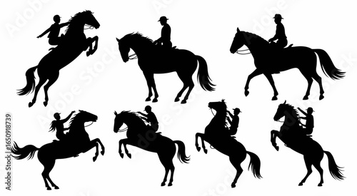 An impactful collection of silhouettes highlighting the thrilling actions of cowboys on horseback, showcasing the artistry and excitement of rodeo performances and equestrian skills.