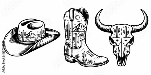 An artistic rendition emphasizing cowboy motifs with hats, boots, and skulls, intertwined with desert elements to create a visually striking interpretation of the western lifestyle.