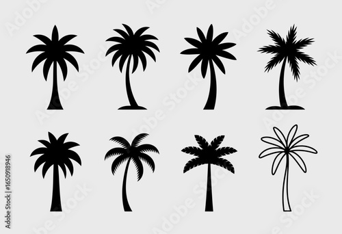 A set of eight stylish palm tree illustrations in various poses and appearances, conveying a vibrant summer atmosphere great for promotional materials and merchandise.