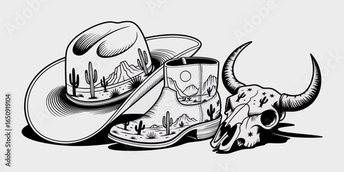 A visually appealing collection showcasing cowboy culture with artful representations of hats, boots, and skulls reflecting a blend of tradition and modern aesthetics.