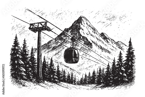 Vintage mountain cable car illustration in detailed sketch style, scenic alpine transport artwork for travel, tourism, and outdoor design.