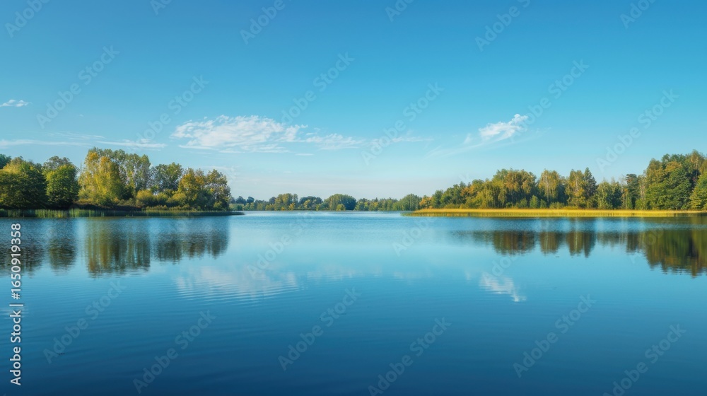 Obraz premium Serene Summer Lakeside: Where Mountains Mirror in Calm Blue Waters