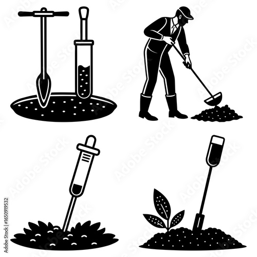 Illustrations of soil sampling tools with a person working in the field and plant growing on soil