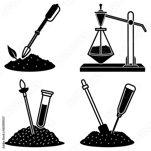 Illustration showing soil testing equipment including a shovel, test tube, and other instruments