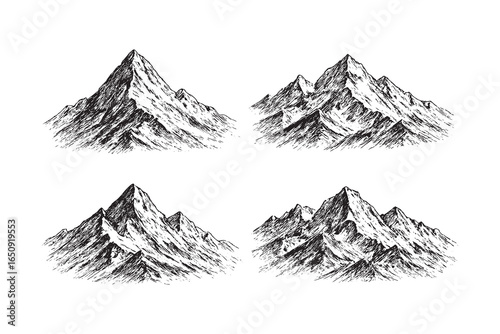 Hand-drawn mountain peaks in vintage engraving style, detailed sketch landscape illustration for outdoor, adventure, and nature designs.