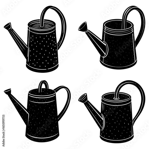 Illustration of four watering cans in a black and white design with different spout styles and patterns