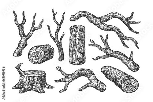 Collection of detailed hand-drawn tree branches and wooden logs, natural forest elements for rustic, outdoor, or vintage illustration.