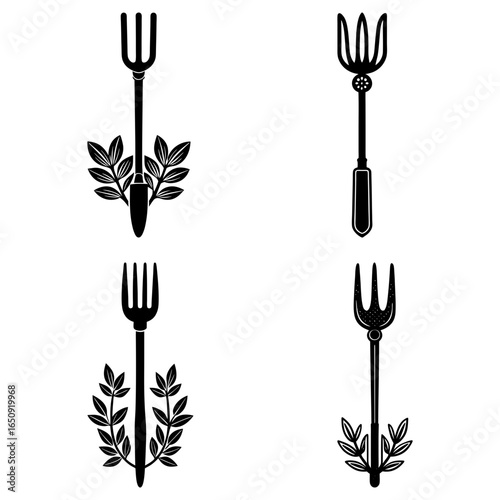 Four black and white graphic representations of forks decorated with leaves and botanical elements
