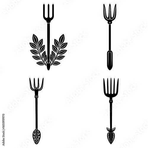 Illustration showing four stylized forks with decorative elements in black and white color scheme design