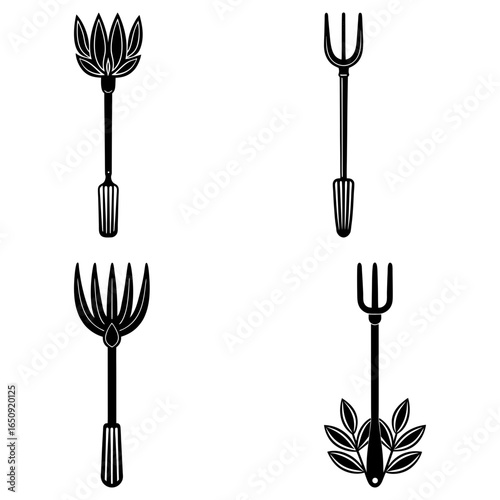 Collection of stylized forks adorned with floral and leaf elements in a symmetrical arrangement