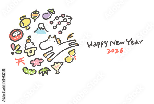 白馬と正月の手描きのかわいい和風年賀状テンプレート　2026・円形・横型