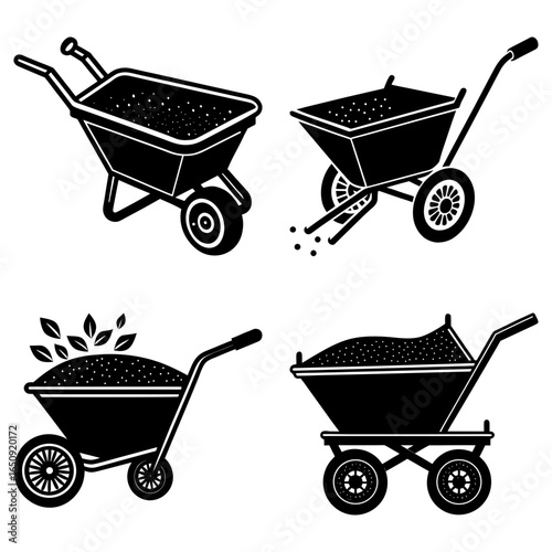 Illustration of four wheelbarrows filled with materials in different styles and orientations on white background