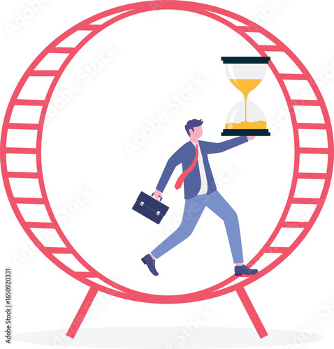 Flat illustration of overwhelmed businessman running inside hamster wheel with clock under pressure of endless work deadline

