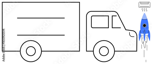 Minimalist truck image paired with a launching blue rocket and air conditioning unit. Ideal for delivery, speed, technology, logistics, innovation, futuristic transport, creative solutions, simple