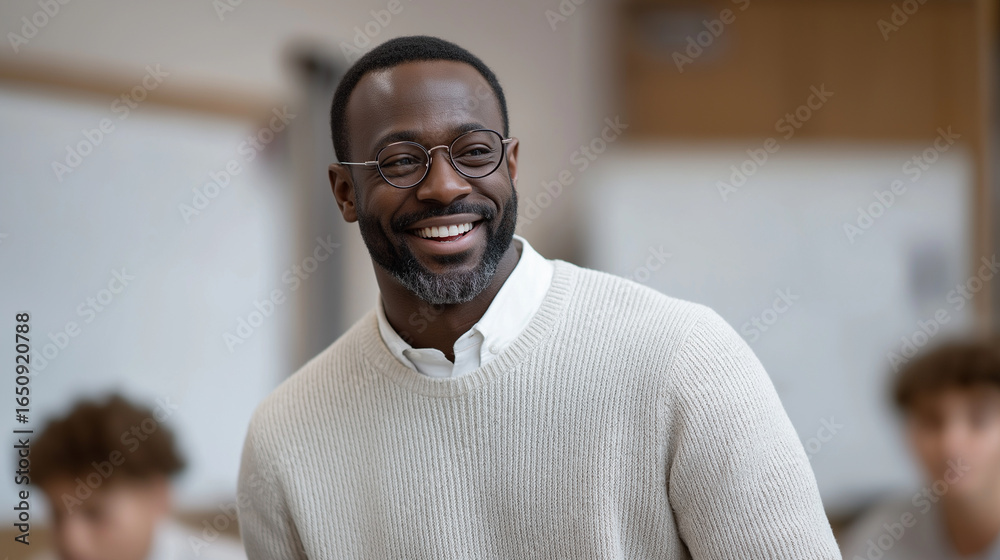 Obraz premium Engaging teacher laughing with students during interactive lesson
